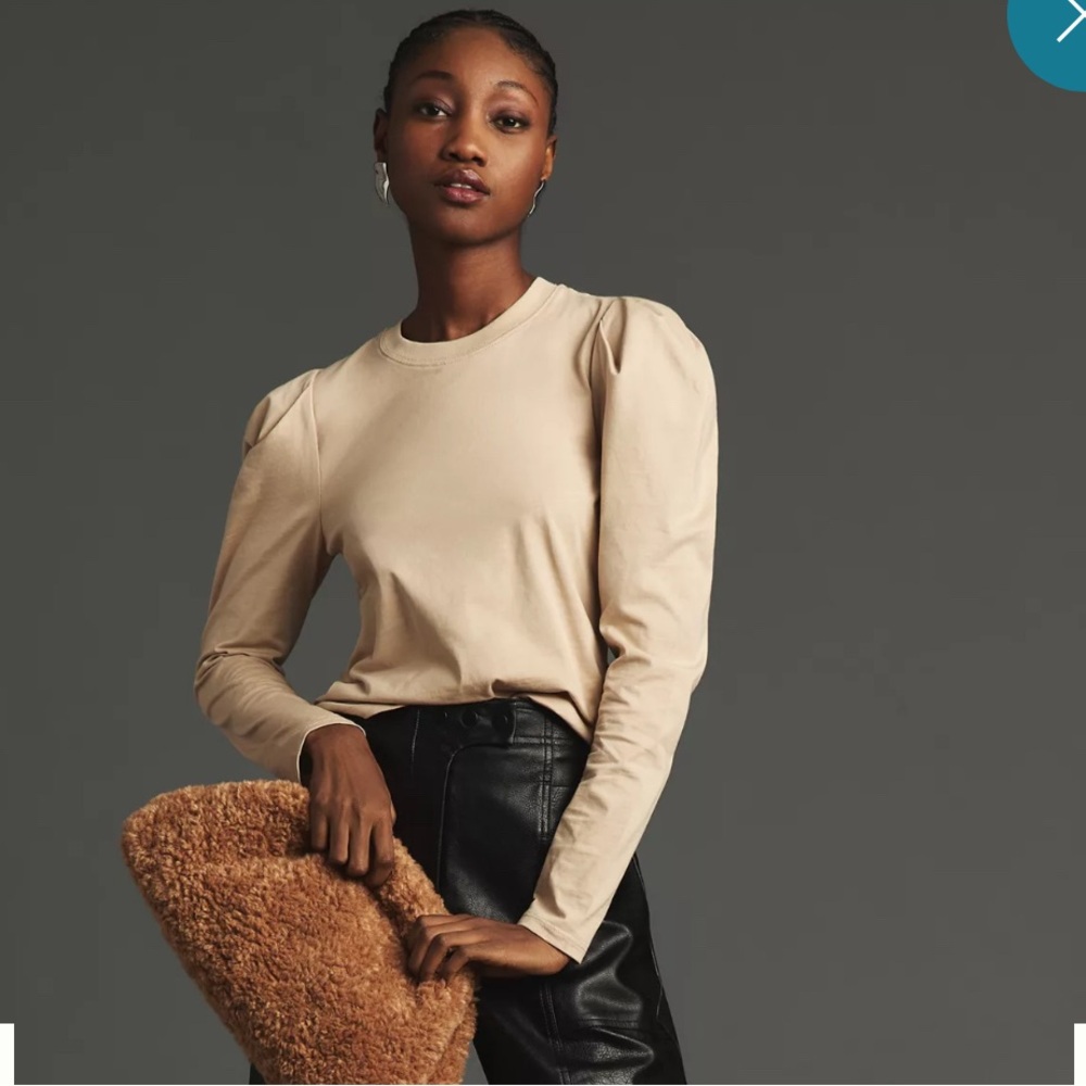 Anthropologie Frame Denim Nude Cream Beige Puff sleeve Long Sleeve Tee STAIN